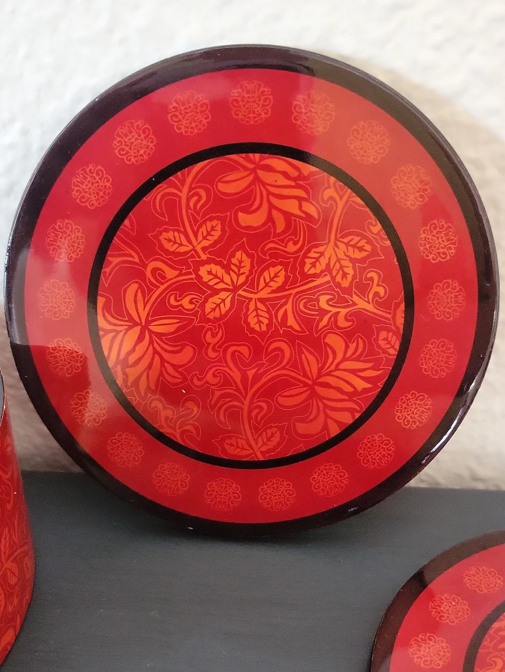 Vintage Japanese Laquerware Red Floral Coaster Set with Holder